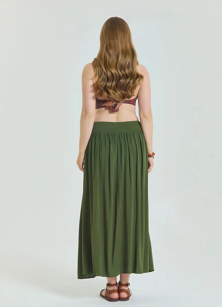 Beli Lastikli Drape Detaylı Haki Büyük Beden Etek 6921