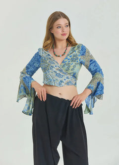 Tie-Detail Spanish Sleeve Blue Plus Size Blouse 6940