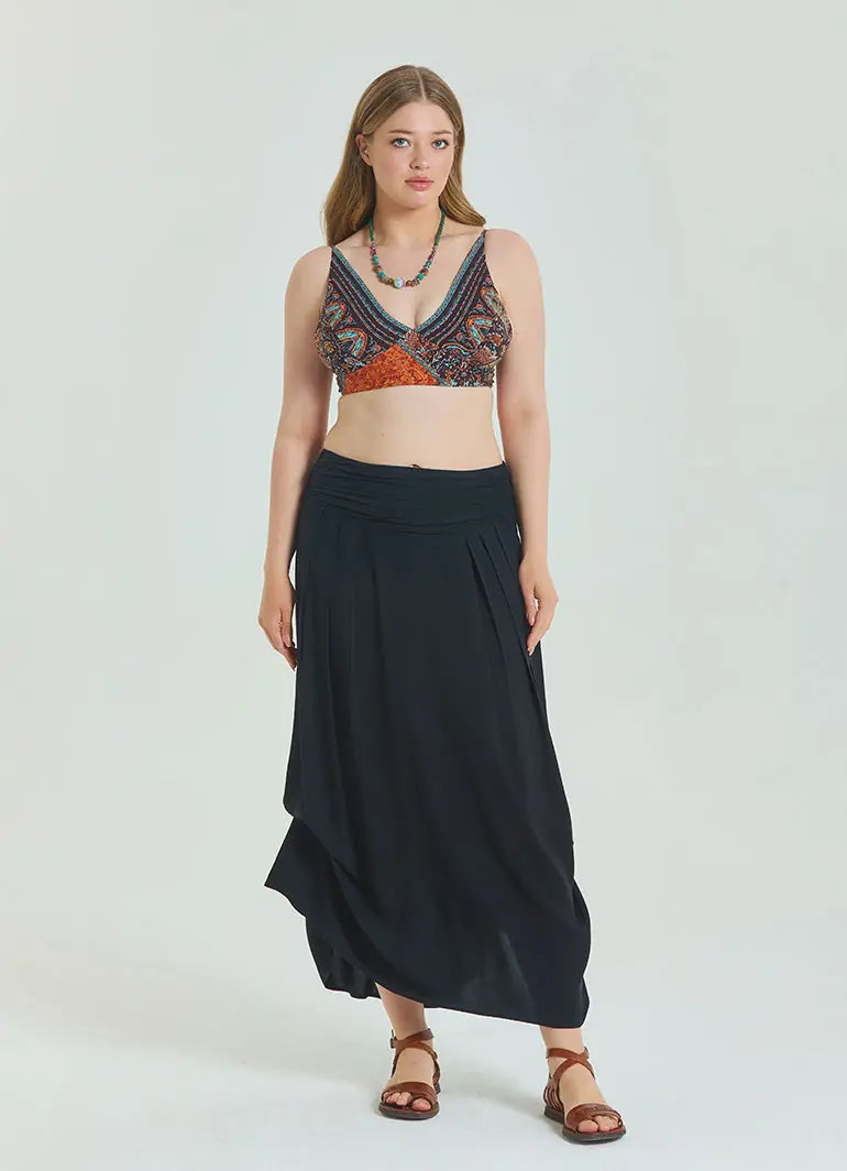 Beli Lastikli Drape Detaylı Siyah Büyük Beden Etek 6919