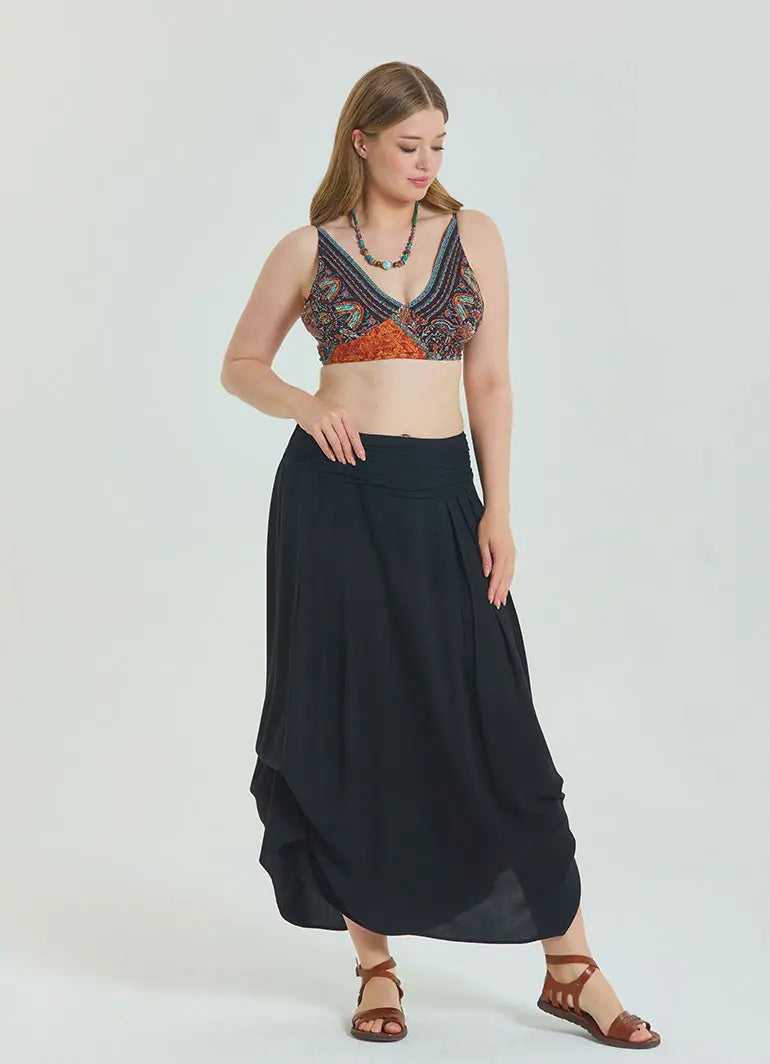 Beli Lastikli Drape Detaylı Siyah Büyük Beden Etek 6919