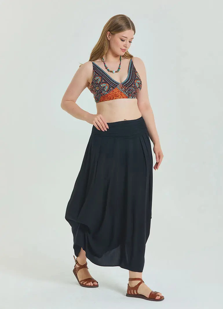 Beli Lastikli Drape Detaylı Siyah Büyük Beden Etek 6919