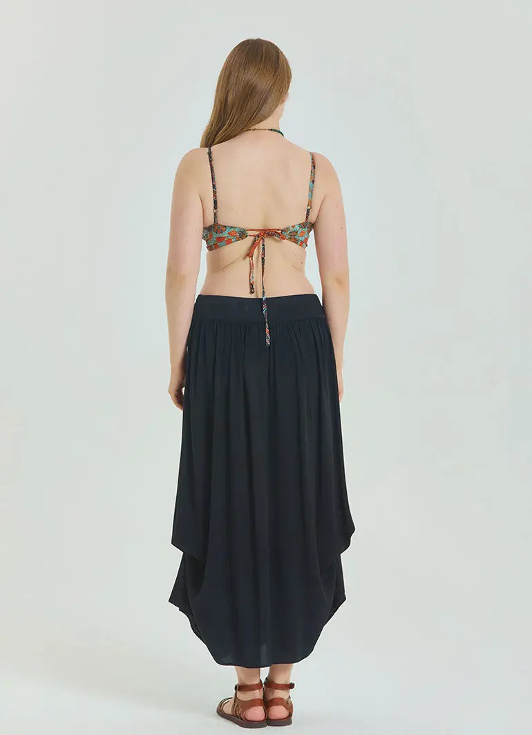 Beli Lastikli Drape Detaylı Siyah Büyük Beden Etek 6919