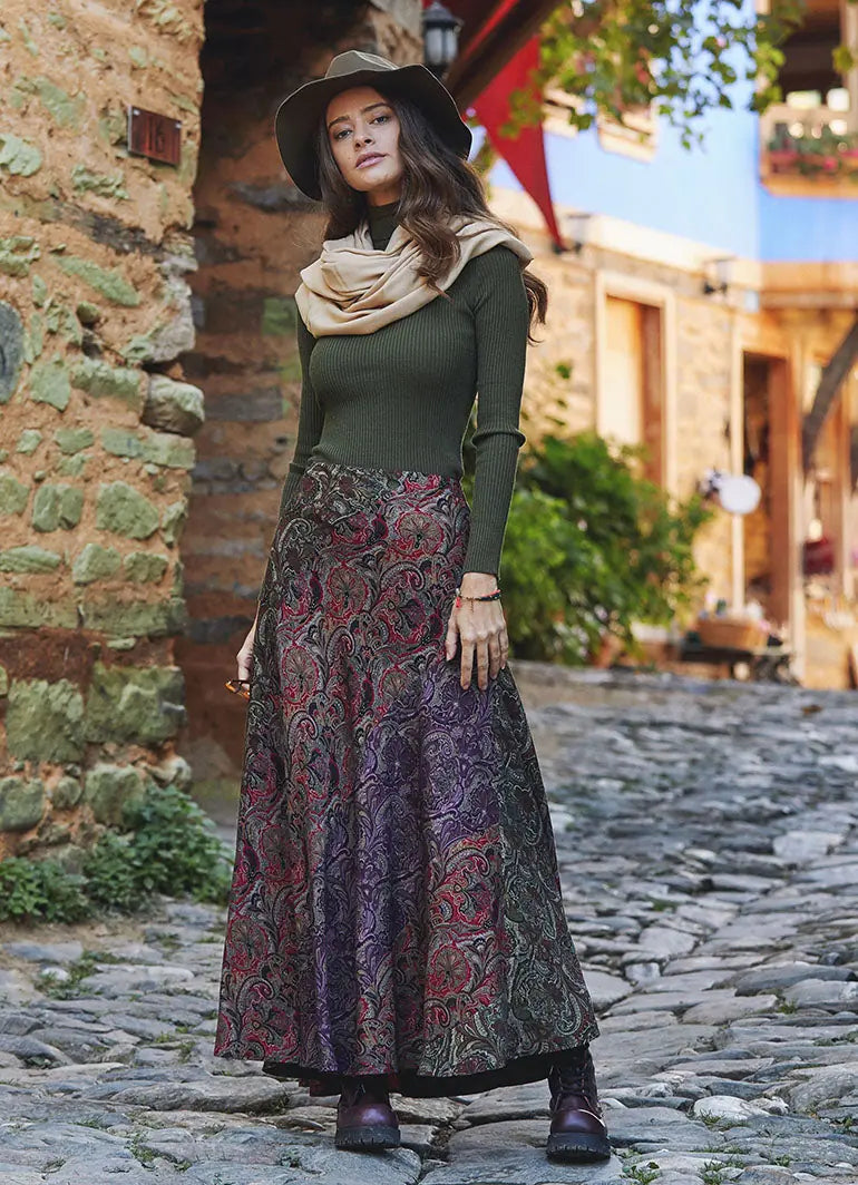 Yeşil Desenli Patchwork Uzun Etek 3104