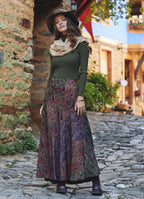 Yeşil Desenli Patchwork Uzun Etek 3104