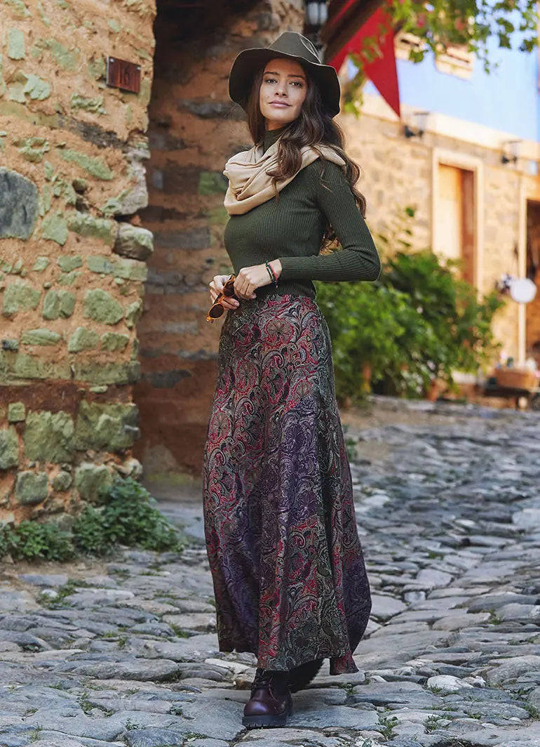 Yeşil Desenli Patchwork Uzun Etek 3104