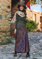 Yeşil Desenli Patchwork Uzun Etek 3104