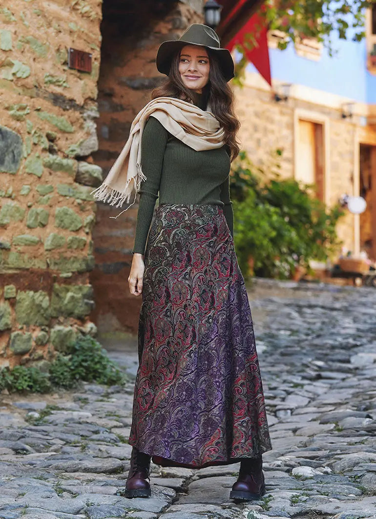 Yeşil Desenli Patchwork Uzun Etek 3104