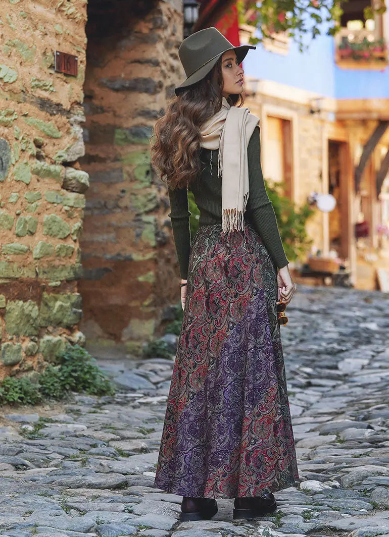 Yeşil Desenli Patchwork Uzun Etek 3104