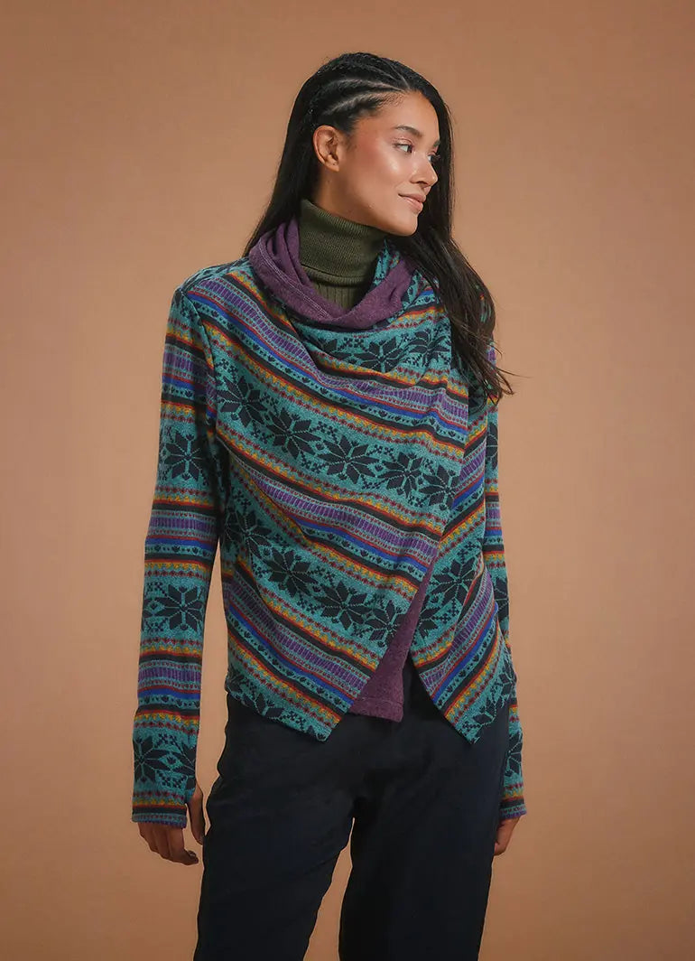 Parmak Geçmeli Salaş Mavi Kilim Desenli Hırka 5393