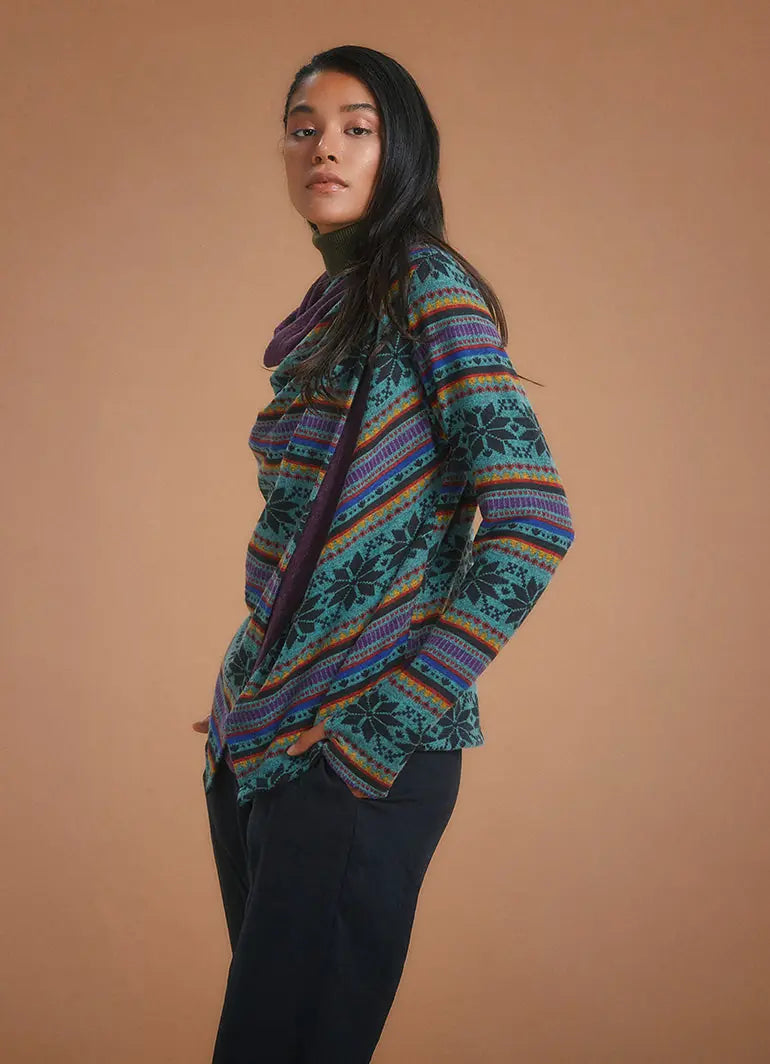 Parmak Geçmeli Salaş Mavi Kilim Desenli Hırka 5393