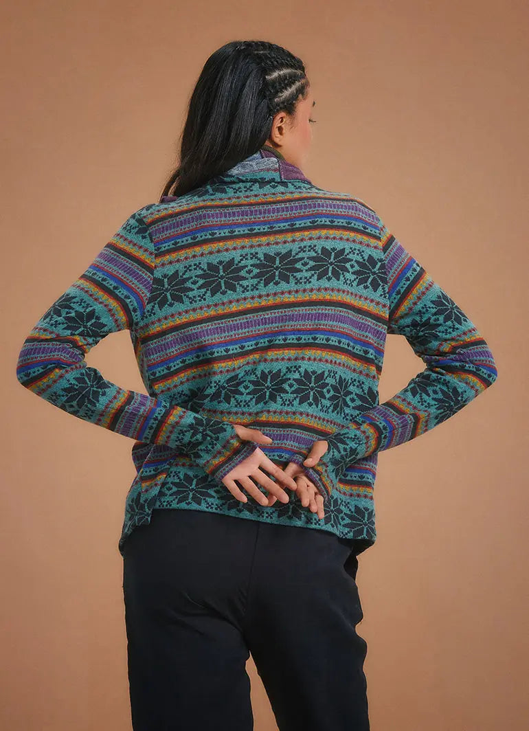 Parmak Geçmeli Salaş Mavi Kilim Desenli Hırka 5393