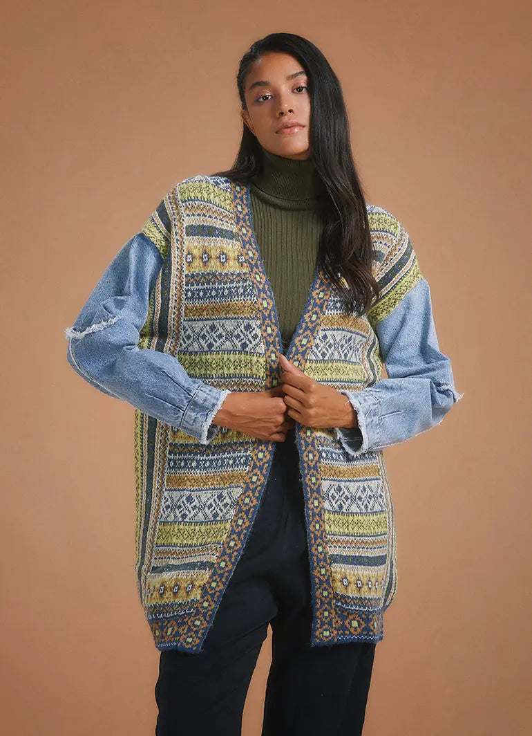 Denim Kol Detaylı Etnik Desen Bohem Hırka 5375