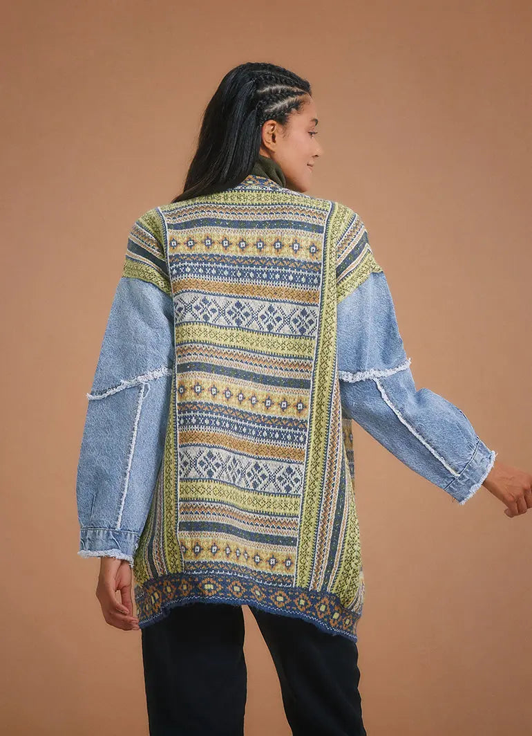 Denim Kol Detaylı Etnik Desen Bohem Hırka 5375