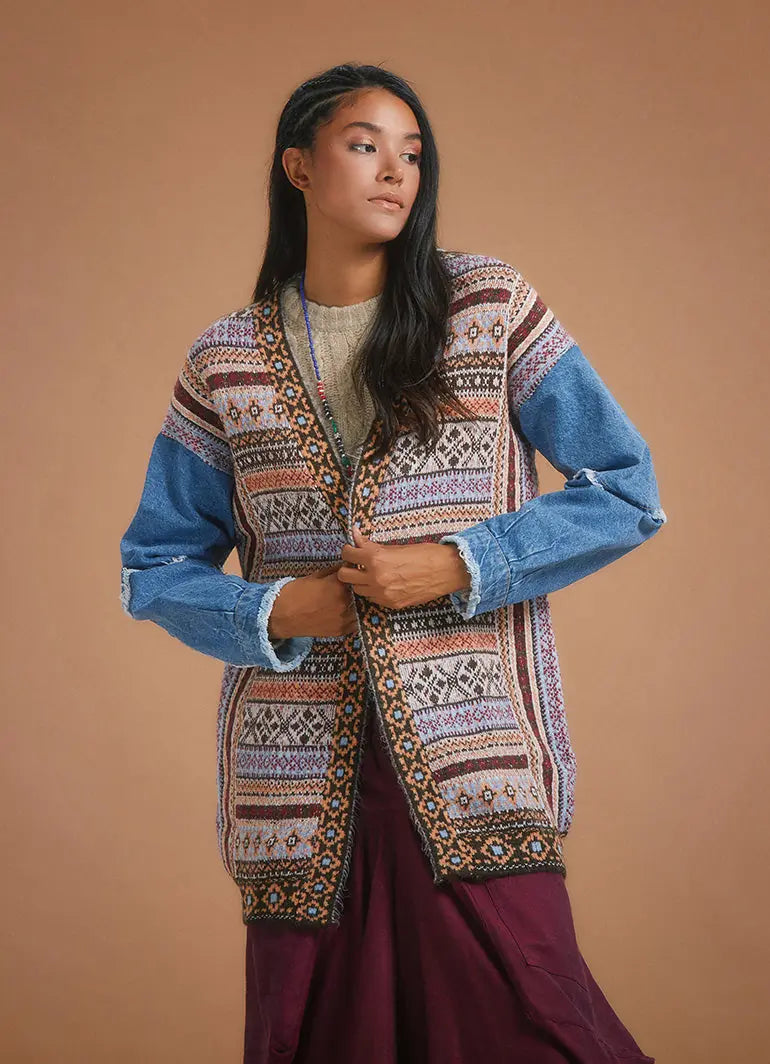 Denim Kol Detaylı Etnik Desen Oversize Hırka 5374