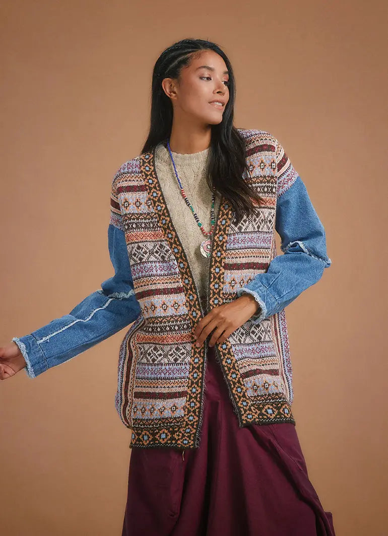 Denim Kol Detaylı Etnik Desen Oversize Hırka 5374