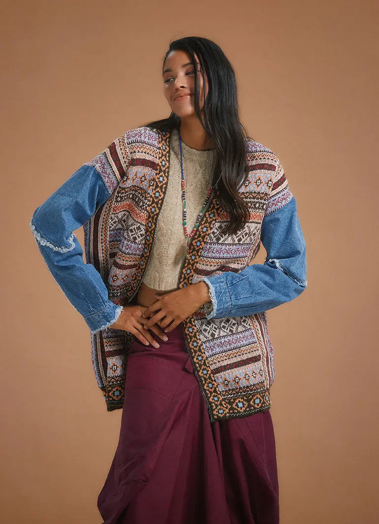 Denim Kol Detaylı Etnik Desen Oversize Hırka 5374