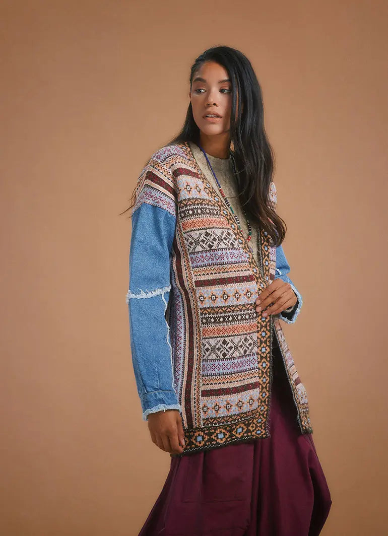 Denim Kol Detaylı Etnik Desen Oversize Hırka 5374