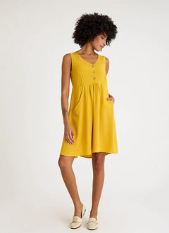 V-Neck Button Detail Sleeveless Yellow Casual Dress 6897