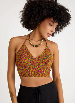 Halter Neck Backless Red Floral Blouse 6998