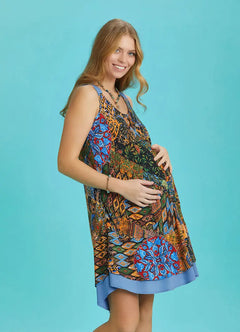 Sleeveless Green Patterned Summer Maternity Dress with Front Pockets 6450