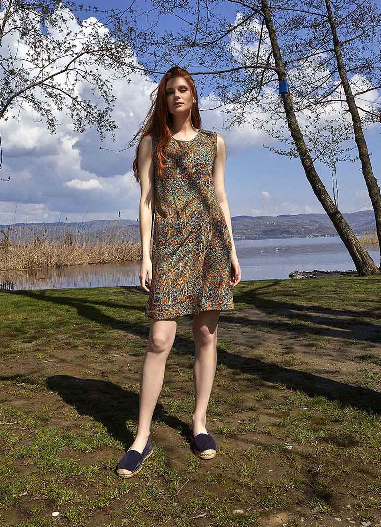 Front Pleat Detailed Sleeveless Short Petrol Patterned Dress 5045