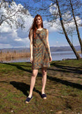 Front Pleat Detailed Sleeveless Short Petrol Patterned Dress 5045