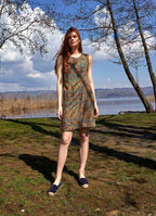 Front Pleat Detailed Sleeveless Short Petrol Patterned Dress 5045