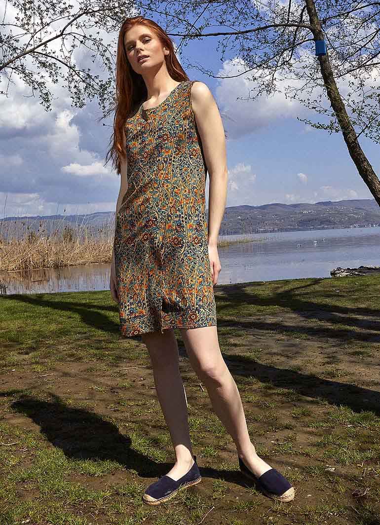 Front Pleat Detailed Sleeveless Short Petrol Patterned Dress 5045
