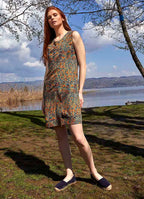 Front Pleat Detailed Sleeveless Short Petrol Patterned Dress 5045