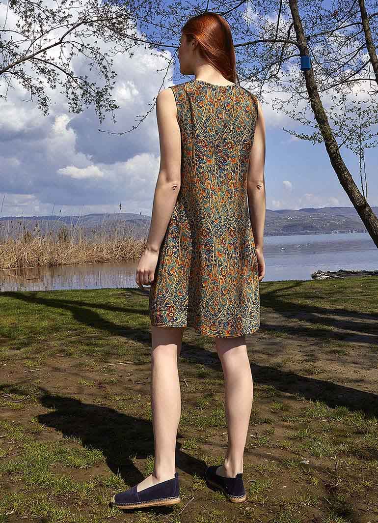 Front Pleat Detailed Sleeveless Short Petrol Patterned Dress 5045