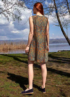Front Pleat Detailed Sleeveless Short Petrol Patterned Dress 5045