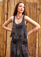 Bohemian Style Thick Strap Black Patterned Crop Blouse 5038