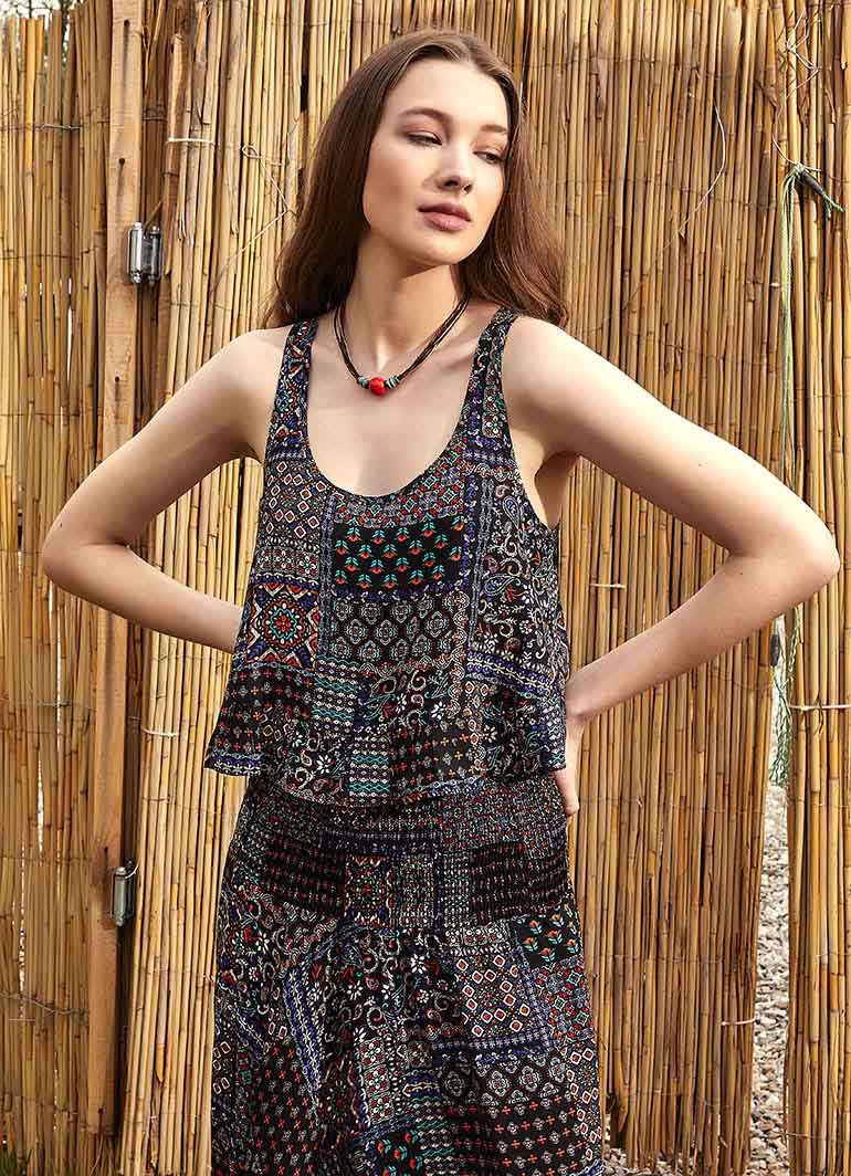 Bohemian Style Thick Strap Black Patterned Crop Blouse 5038