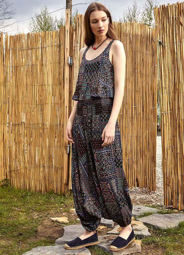 Ethnic Patterned Smocked Waist Bohemian Harem Pants 4969