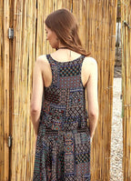 Bohem Tarz Kalın Askılı Siyah Desenli Crop Bluz 5038