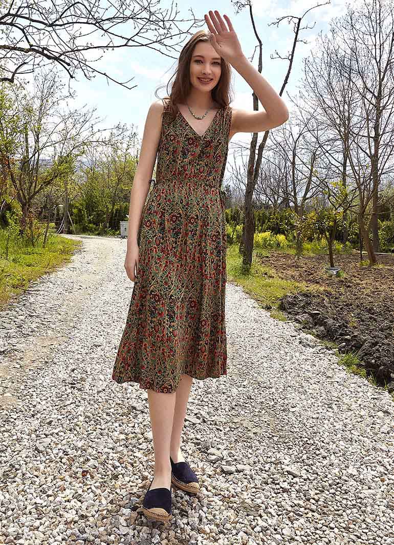 Authentic Green Patterned Summer V-Neck Dress 4868