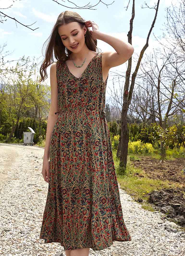 Authentic Green Patterned Summer V-Neck Dress 4868