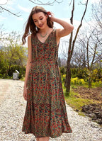 Authentic Green Patterned Summer V-Neck Dress 4868