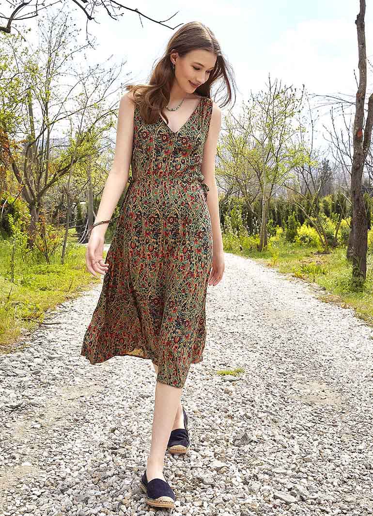 Authentic Green Patterned Summer V-Neck Dress 4868