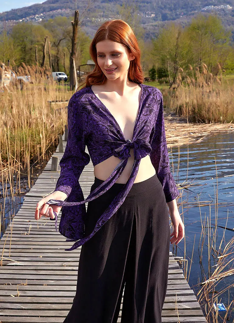 Mor Desenli İspanyol Kol Crop Bluz 4985