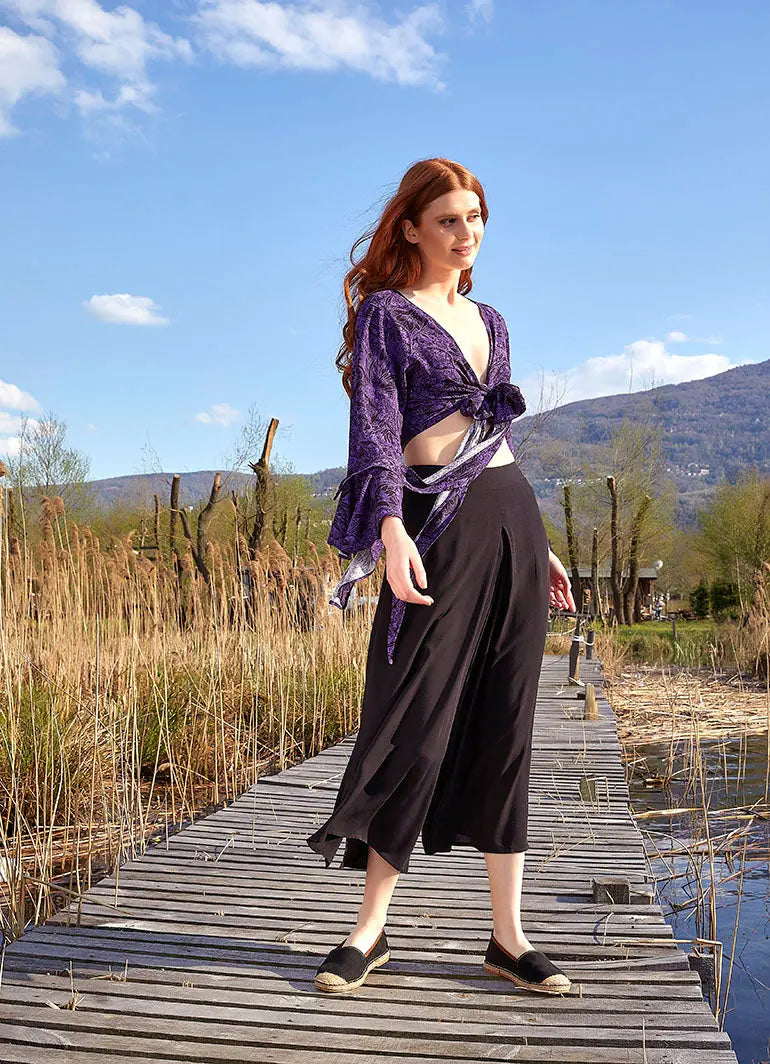 Mor Desenli İspanyol Kol Crop Bluz 4985