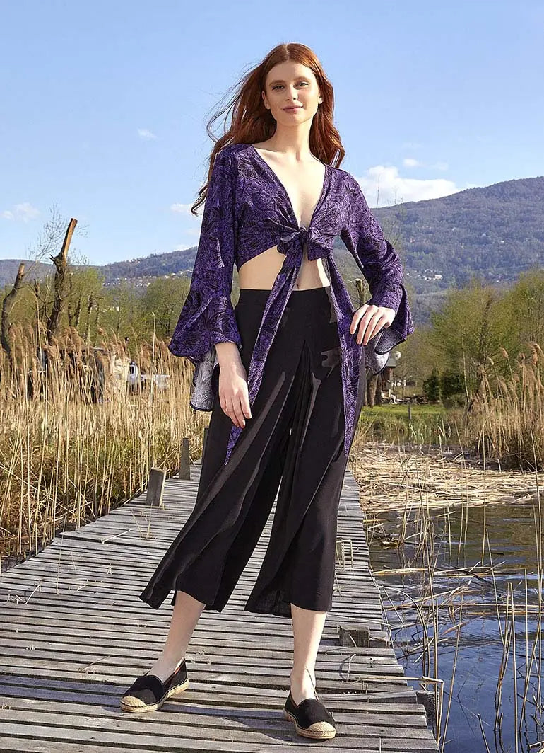 Mor Desenli İspanyol Kol Crop Bluz 4985