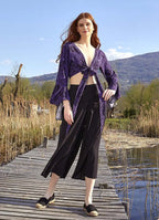 Mor Desenli İspanyol Kol Crop Bluz 4985