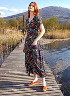 Authentic Pool Neck Half Sleeve Navy Patterned Long Dress 4921
