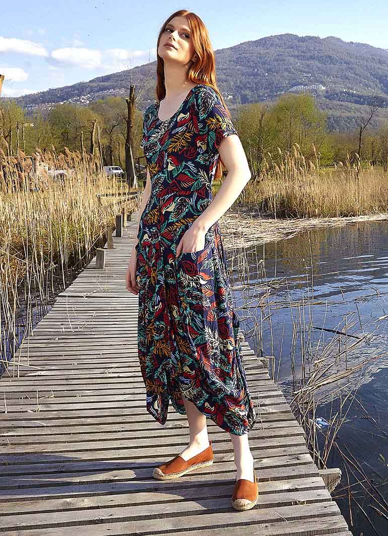 Authentic Pool Neck Half Sleeve Navy Patterned Long Dress 4921