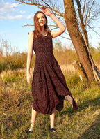 Red Patterned Boat Neck Asymmetric Cut Dress 4885