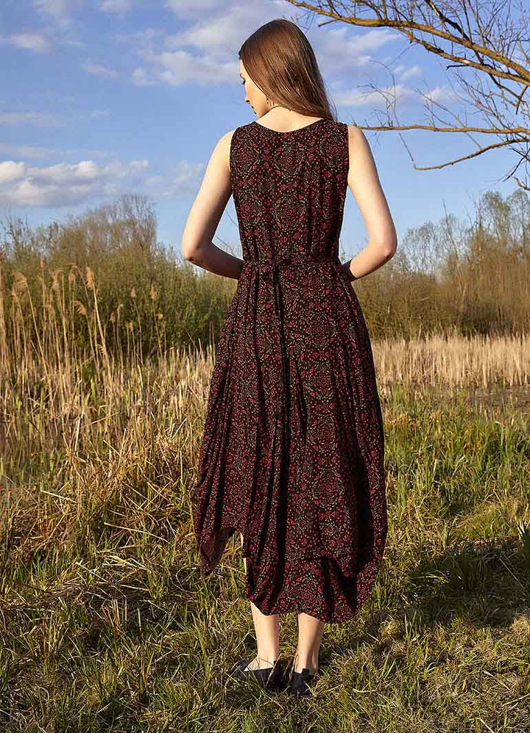 Red Patterned Boat Neck Asymmetric Cut Dress 4885