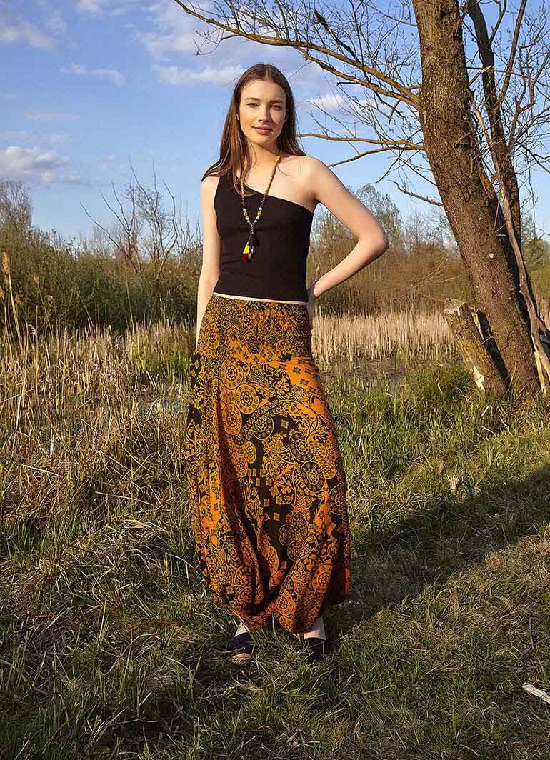 Orange Patterned Smocked Waist Boho Harem Pants 4970