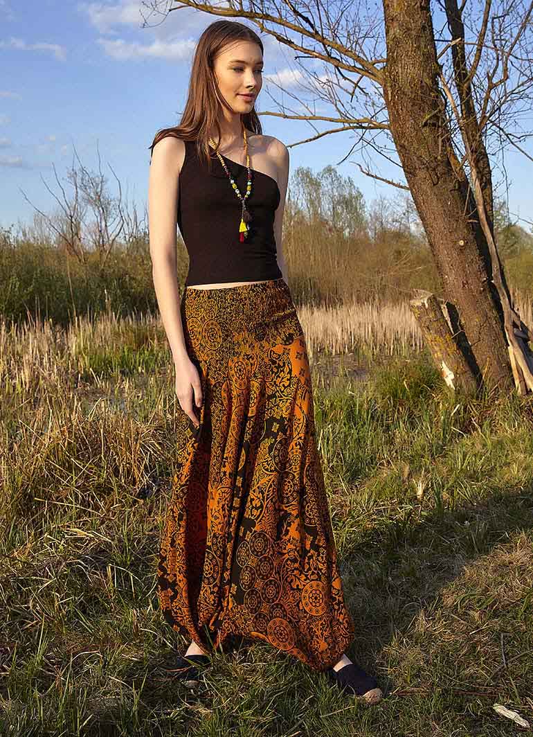 Orange Patterned Smocked Waist Boho Harem Pants 4970
