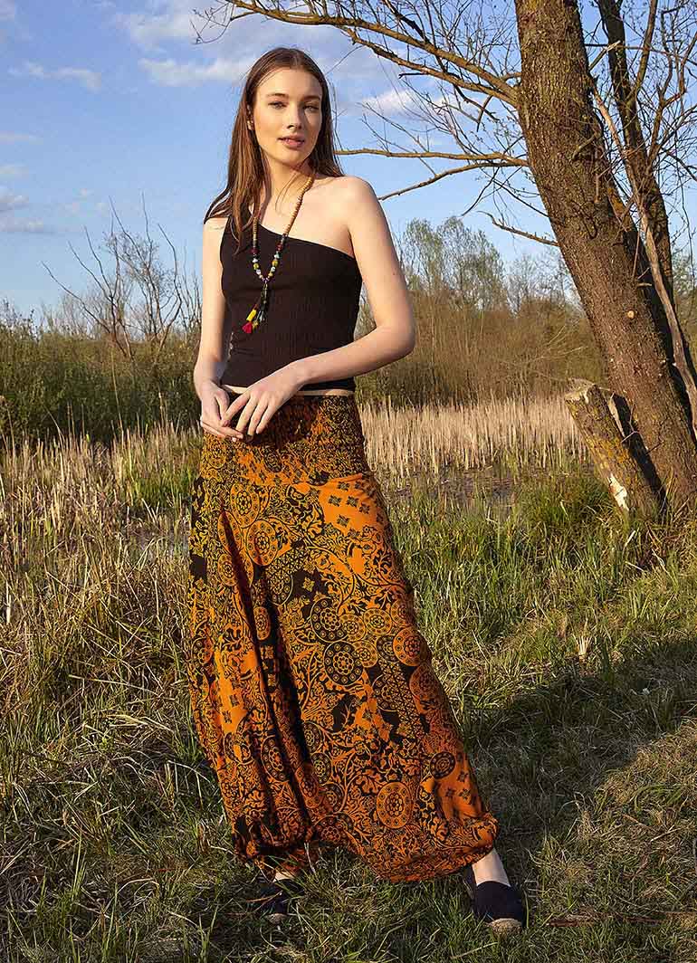 Orange Patterned Smocked Waist Boho Harem Pants 4970
